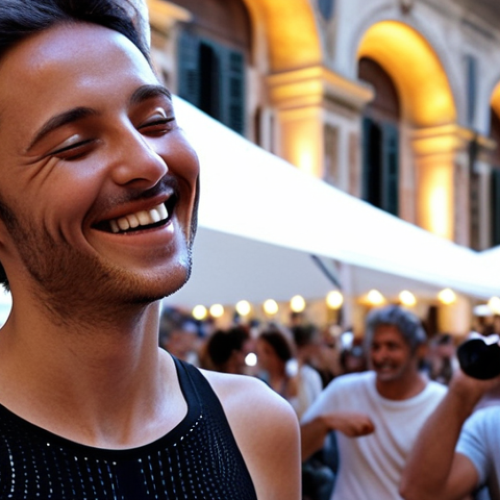 **

A person wearing a sleek, futuristic wearable device that translates sound into vibrations. They are smiling and appear to be enjoying music in a bustling Italian piazza. Focus on the visual representation of sound waves being converted into tactile sensations on their skin, perhaps with subtle glowing patterns on the device.

**