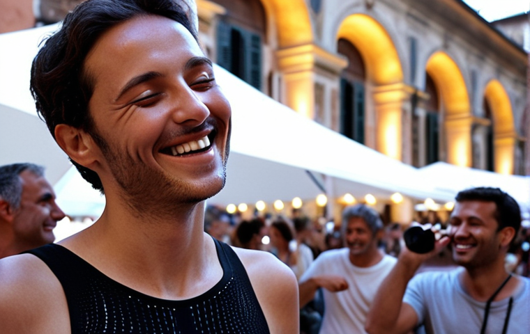 **

A person wearing a sleek, futuristic wearable device that translates sound into vibrations. They are smiling and appear to be enjoying music in a bustling Italian piazza. Focus on the visual representation of sound waves being converted into tactile sensations on their skin, perhaps with subtle glowing patterns on the device.

**