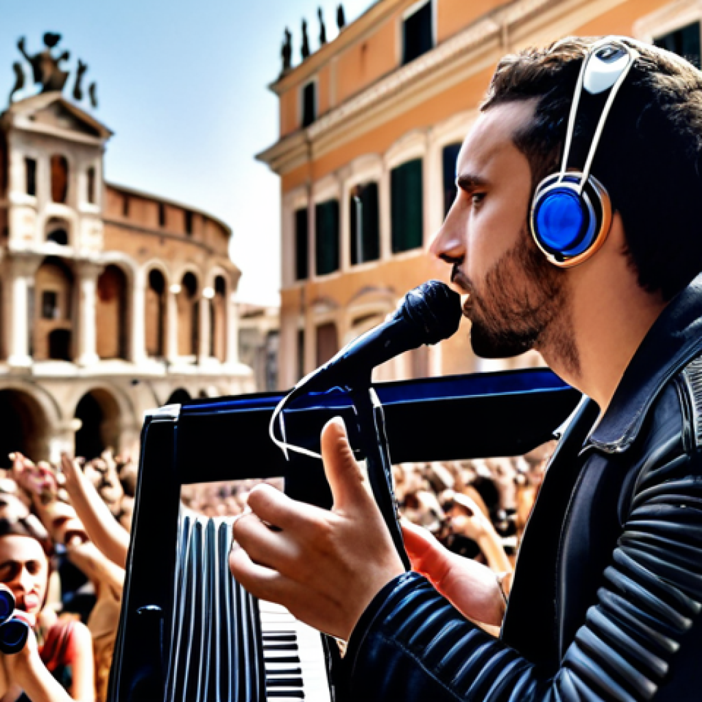 **Image Prompt:** A deaf musician "feeling" music through a vibrating exoskeleton at a concert. Focus on the sensory experience and the connection between technology and art. Include elements suggesting Italy (fashion, architecture in the background).