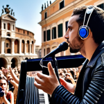 **Image Prompt:** A deaf musician "feeling" music through a vibrating exoskeleton at a concert. Focus on the sensory experience and the connection between technology and art. Include elements suggesting Italy (fashion, architecture in the background).