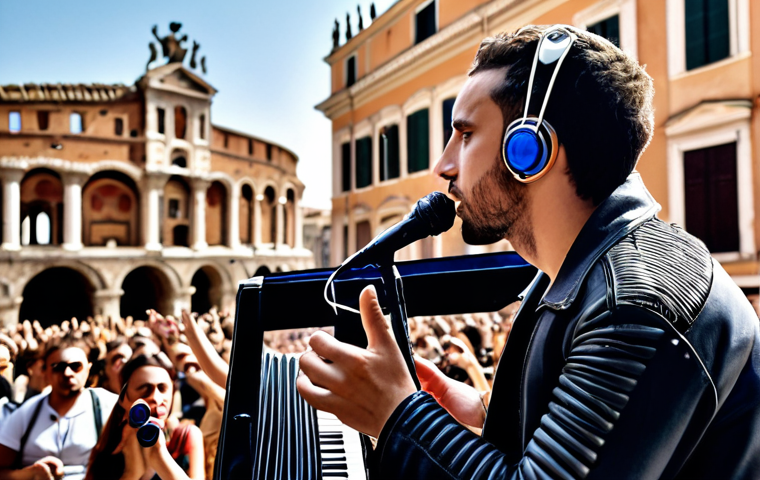 **Image Prompt:** A deaf musician "feeling" music through a vibrating exoskeleton at a concert. Focus on the sensory experience and the connection between technology and art. Include elements suggesting Italy (fashion, architecture in the background).