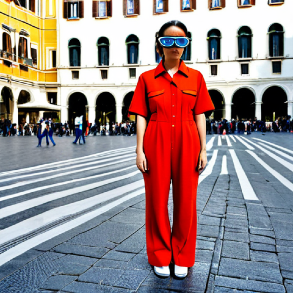 Enhanced Sensory Experience**
"A woman in a modern, fully clothed jumpsuit with augmented reality glasses. She is standing in a vibrant Milanese piazza, experiencing overlayed digital information. The scene evokes a sense of wonder and technological enhancement of the senses. Safe for work, appropriate content, fully clothed, modest, professional photography, perfect anatomy, correct proportions, well-formed hands, natural pose."
**