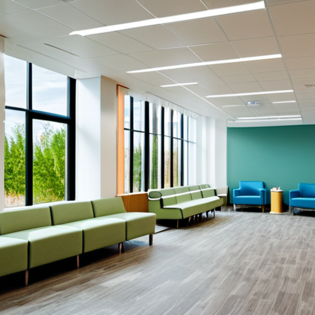 **A modern, multi-sensory architectural space:** A bright, open hospital waiting area designed with sensory design principles. Soft, natural lighting, calming colors, artwork depicting nature, and subtle aromatherapy. Patients and medical staff are present, fully clothed, in a professional and comforting setting. Safe for work, appropriate content, professional, perfect anatomy, natural proportions, high quality.