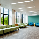 Home 11 **A modern, multi-sensory architectural space:** A bright, open hospital waiting area designed with sensory design principles. Soft, natural lighting, calming colors, artwork depicting nature, and subtle aromatherapy. Patients and medical staff are present, fully clothed, in a professional and comforting setting. Safe for work, appropriate content, professional, perfect anatomy, natural proportions, high quality.