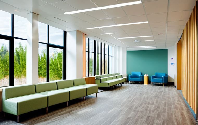 **A modern, multi-sensory architectural space:** A bright, open hospital waiting area designed with sensory design principles. Soft, natural lighting, calming colors, artwork depicting nature, and subtle aromatherapy. Patients and medical staff are present, fully clothed, in a professional and comforting setting. Safe for work, appropriate content, professional, perfect anatomy, natural proportions, high quality.