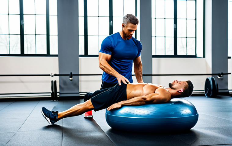 Dynamic Balance Training**
"A professional fitness instructor demonstrating a BOSU ball exercise to a fully clothed athlete in a modern gym, appropriate attire, safe for work, perfect anatomy, natural proportions, bright lighting, family-friendly environment, professional photography, high quality."
**