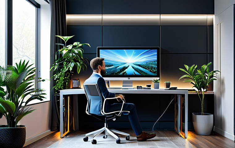 감각확장 기술과 공간 디자인의 융합 - Smart Home Office**
"A modern home office setup with smart lighting adjusting to the time of day, s...
